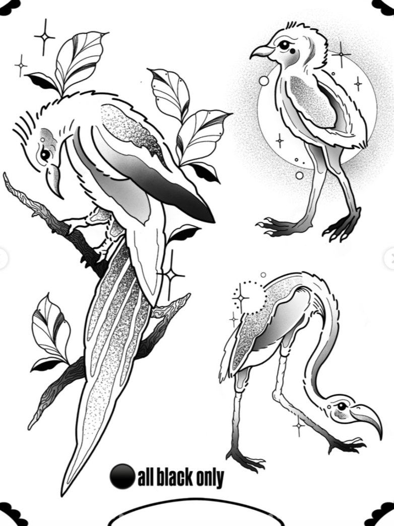 Black and white tattoo-style illustrations of three different birds, each with detailed feathers and surrounded by decorative star accents, with a note indicating 'all black only'.