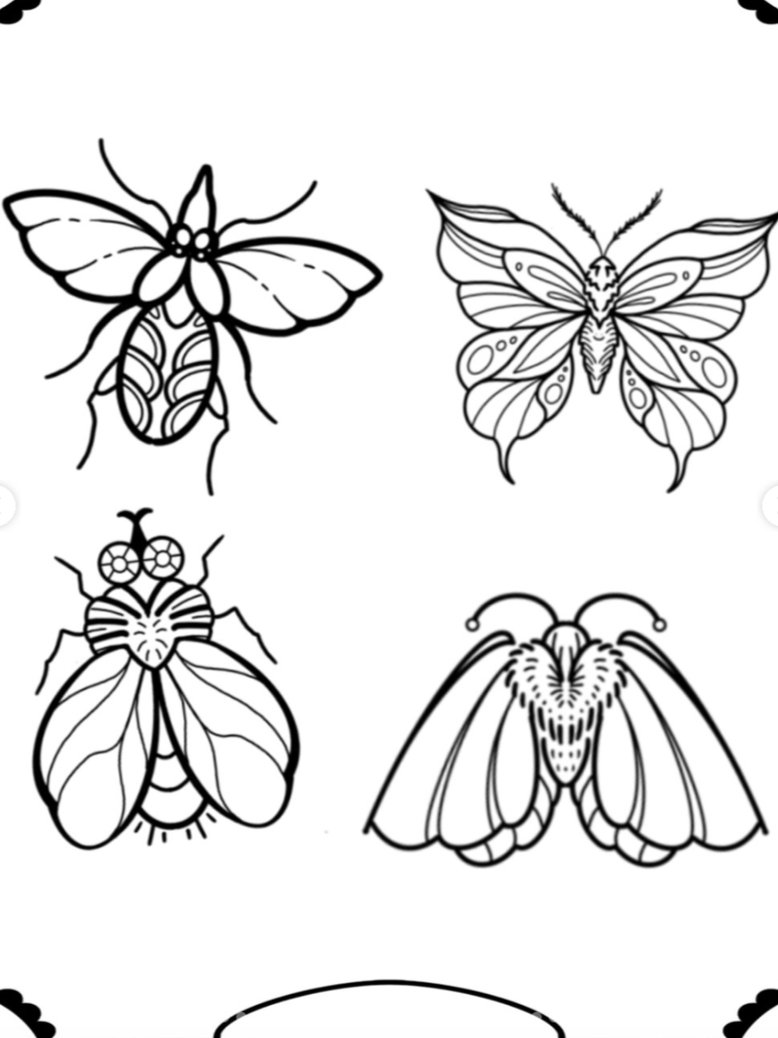 Black and white coloring page featuring four different butterfly illustrations with intricate designs.
