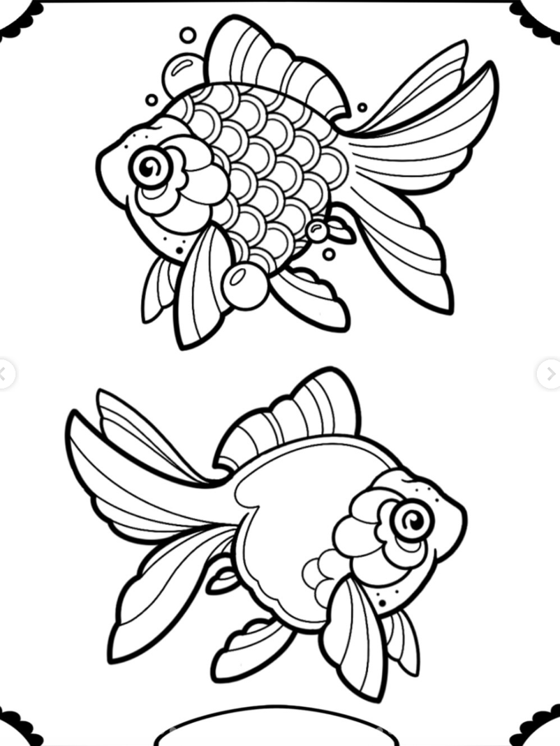 Line drawing of two koi fish, one facing left and the other facing right, with detailed scales, fins, and flowing tails, surrounded by bubbles.
