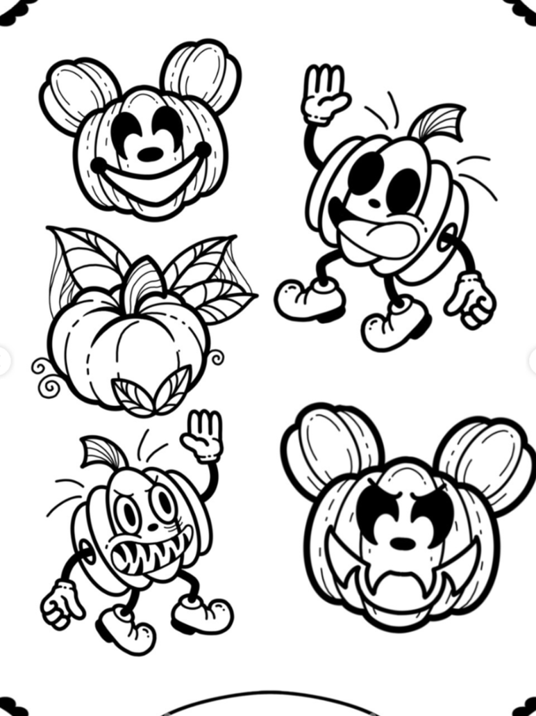 Black and white coloring page featuring cartoon pumpkins with faces, arms, and legs in various expressions and poses, with some decorated with leaves and facial features.