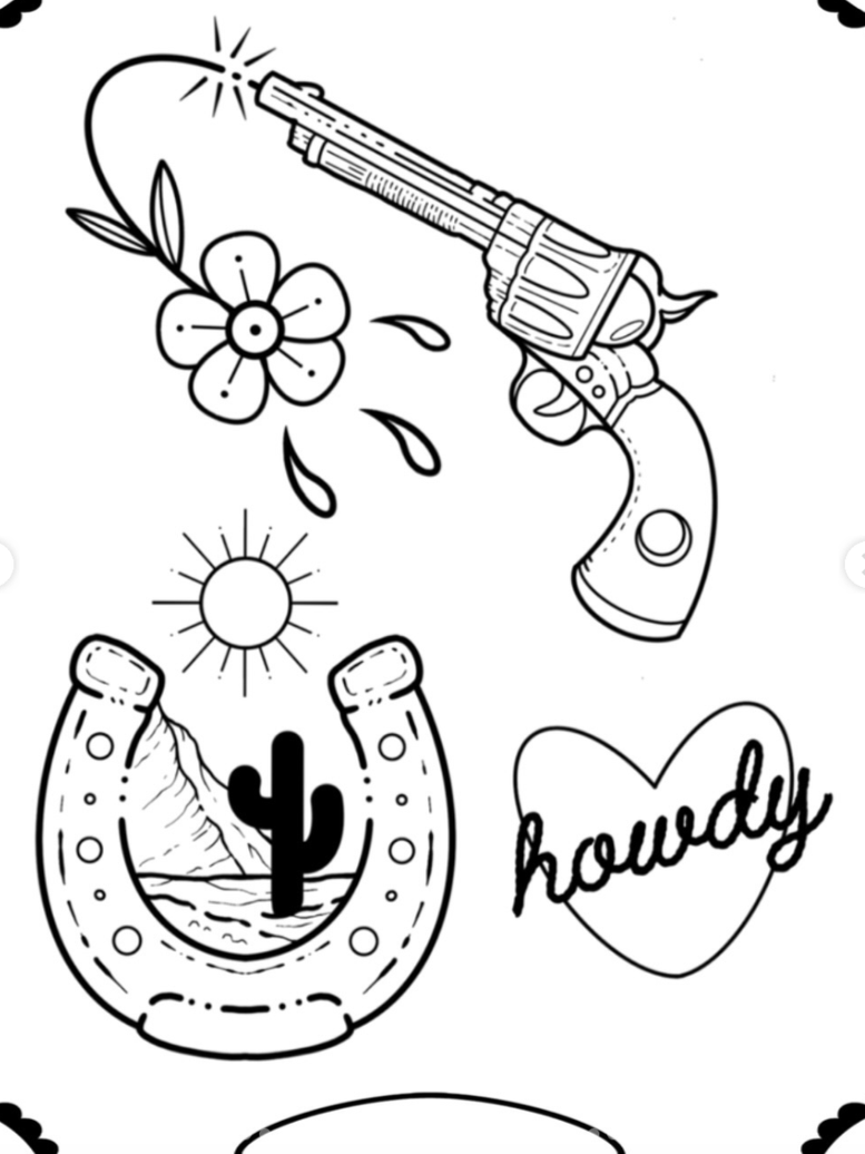 Black and white illustration featuring a revolver shooting a flower, a horseshoe with cactus and mountain inside, a sun, and the word 'howdy' written in cursive inside a heart.