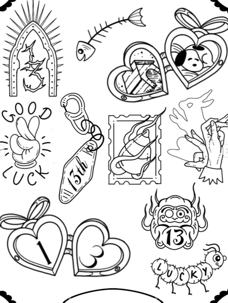Collection of black and white illustrations including hearts, a dog tag with 13th, a hand making a peace sign, a lucky hand gesture, a sticker with heart and number 1, a spooky creature with number 13, a caterpillar with the name Lucy, a hand with a 