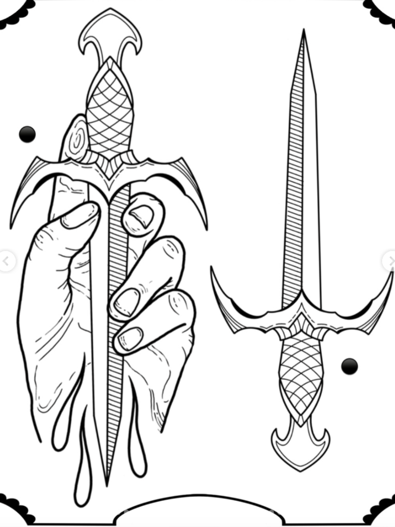 Black and white illustration of a hand holding a dagger with a bat-shaped guard, and a plain dagger with a curved crossguard, surrounded by decorative borders and black dots.