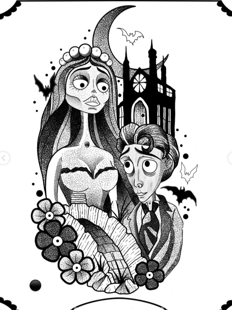 Black and white illustration of a woman and a man with a spooky mansion, bats, a crescent moon, and flowers.