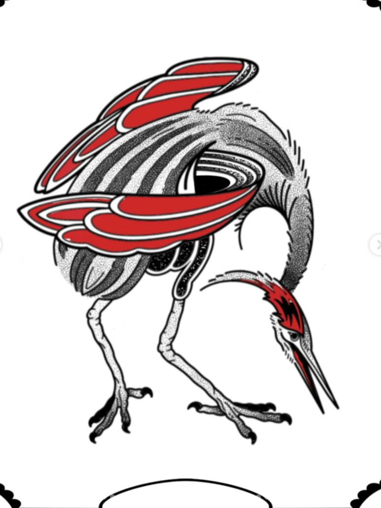 Stylized drawing of a heron with red, black, and gray feathers, standing with its head lowered and beak pointed downwards.