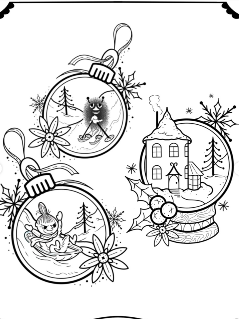 Black and white Christmas ornaments with winter scene illustrations, including a person skiing, a girl on a sled, and a house with snow and trees, decorated with holly and poinsettia flowers.