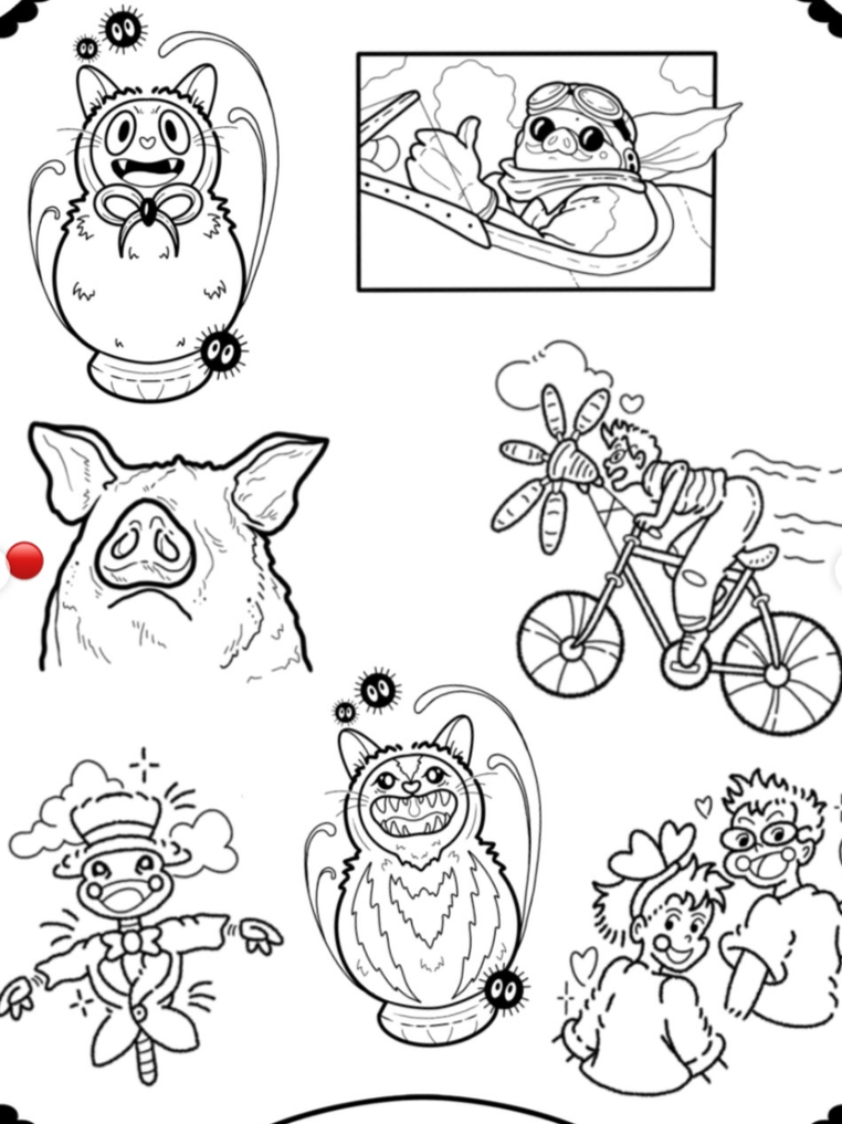 A black and white coloring page featuring various whimsical characters including a cat in a vase, a pig, a girl riding a bicycle with a butterfly antenna, a robot chef, a girl and boy with a love heart, and a portrait of a person with goggles and a s