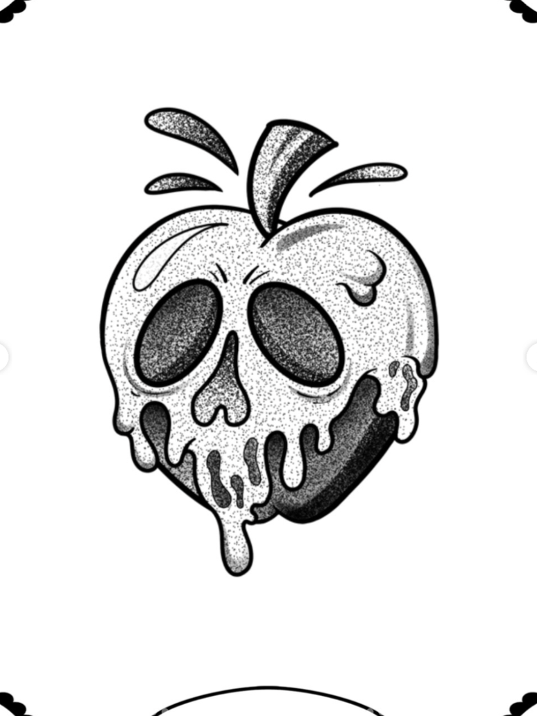 Black and white illustration of a melting skull with an apple-like shape, large hollow eye sockets, and melting drips, with a leaf and stem on top.