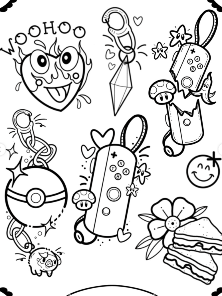 Black and white illustration of various playful and whimsical objects, including a smiling heart with the word 'Woohoo', game controllers, a mushroom, a small pig, flowers, hearts, and other fantasy elements.