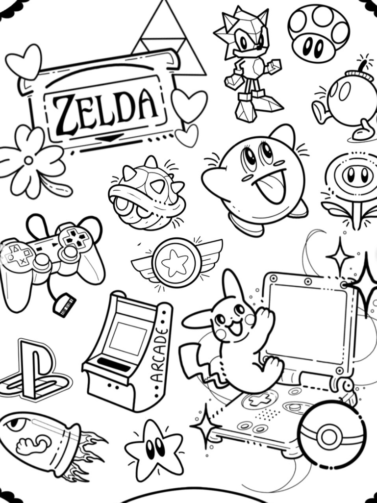 Black and white doodle artwork featuring characters and items from the video game series "Zelda" and "Super Mario." Includes a "Zelda" sign, a cartoon-style cat, a Poké Ball, a Nintendo Switch console, a Pokémon, a Sonic the Hedgehog figure, a handhe