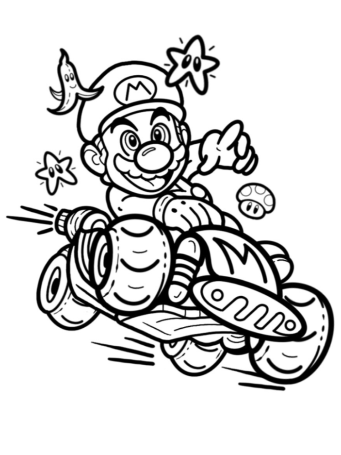 Line drawing of Mario riding a go-kart, smiling, with stars and a mushroom around him, in a cartoon style.