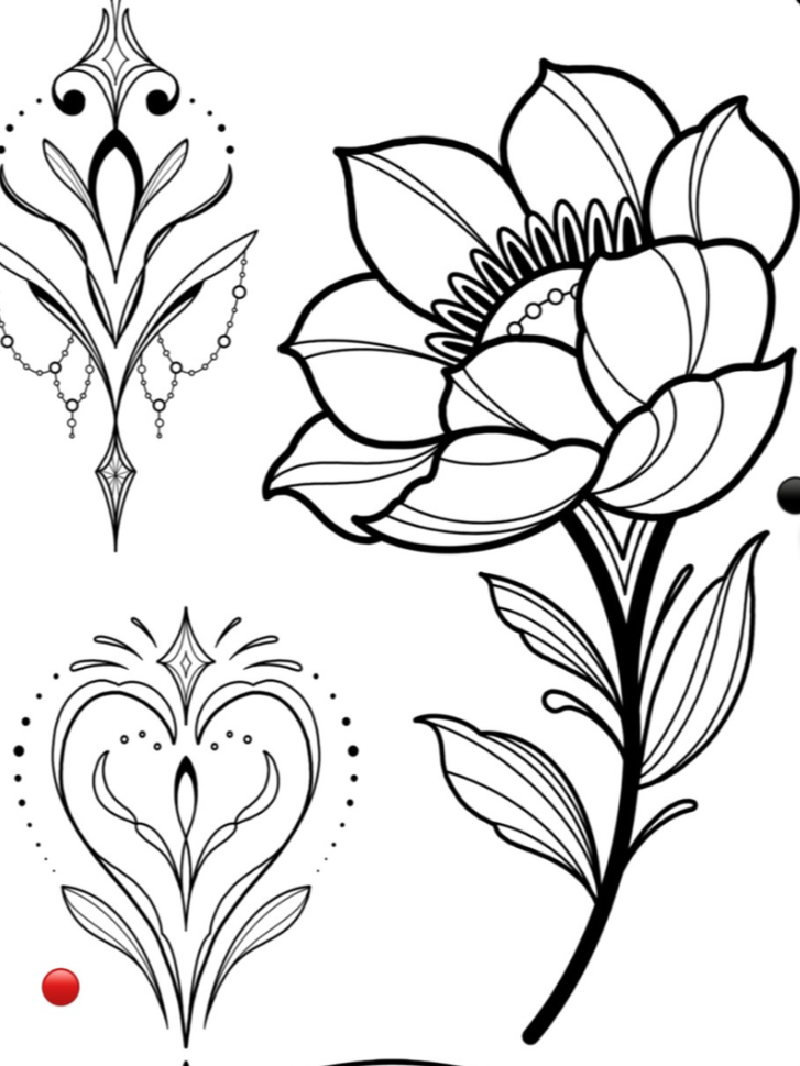 Black and white floral tattoo designs featuring a lotus flower and ornamental patterns.