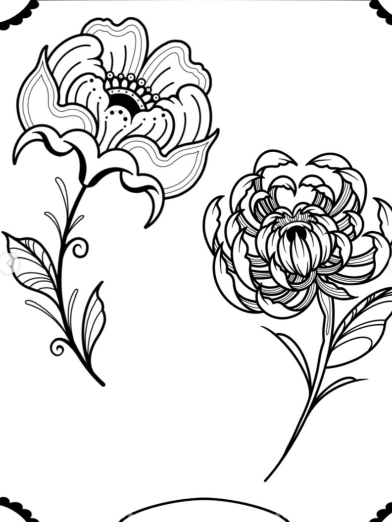 Black and white line drawing of two intricately detailed flowers with leaves, one on the left and one on the right, against a plain background with decorative borders.