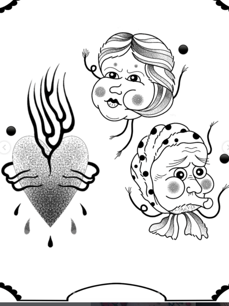 Black and white drawing of two cartoon faces with exaggerated expressions, a teardrop, a heart with flames, and scattered dots.