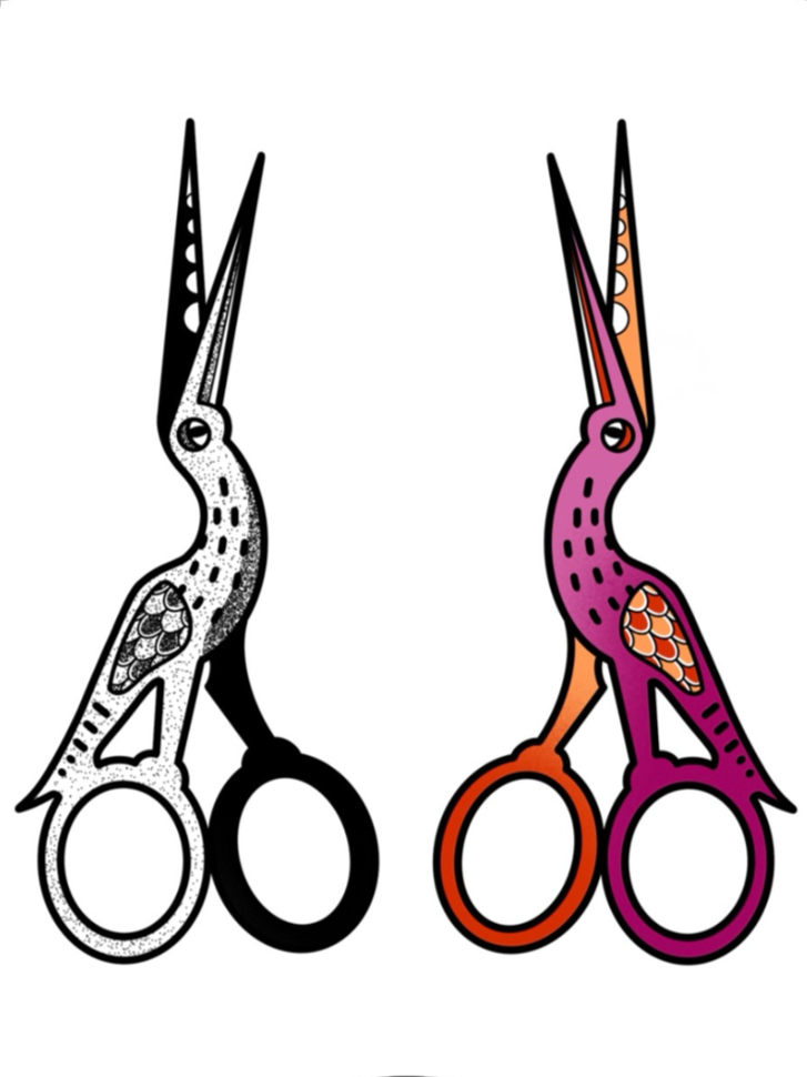Coloring page featuring two pelican scissors, one in black and white and the other colored purple and orange.