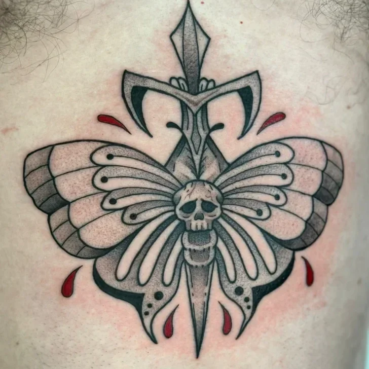 Tattoo of a moth with a skull on its body, surrounded by three red teardrop shapes.