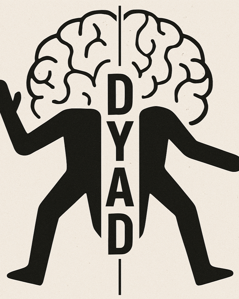 A conceptual illustration of a human brain with two human figures, one on each side, holding the brain. The word 'DAYD' runs vertically through the middle of the brain and figures.