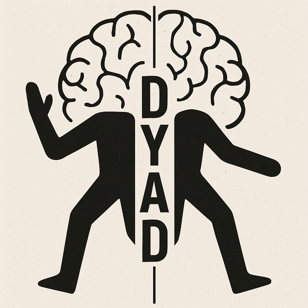 Silhouette of two human figures with brains as heads, divided down the middle, with the word "DEMENTIA" written vertically between them.