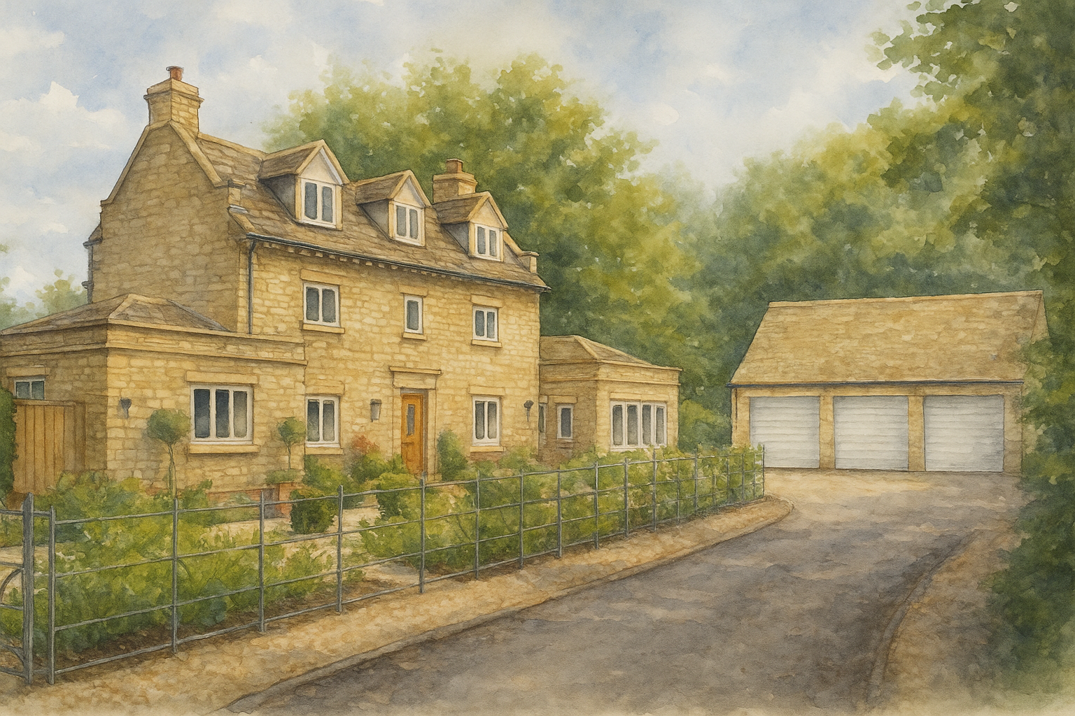 Watercolor painting of a stone house with a garage, surrounded by greenery and a curved driveway.