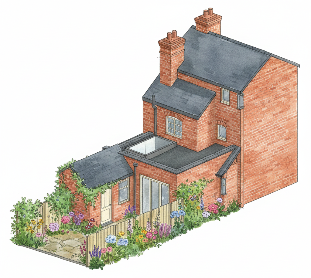 Illustration of a brick house with a garden and colorful flowers in the front yard.