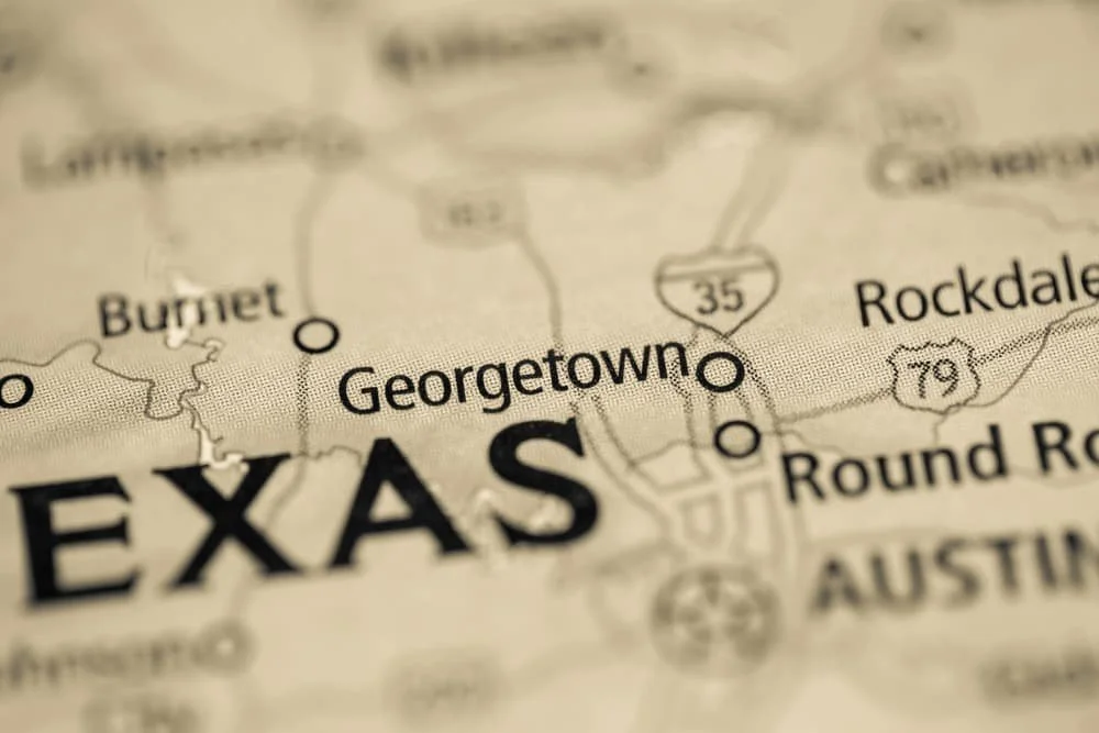 Close-up of a map showing Texas with locations like Georgetown, Burnet, Round Rock, and Rockdale.