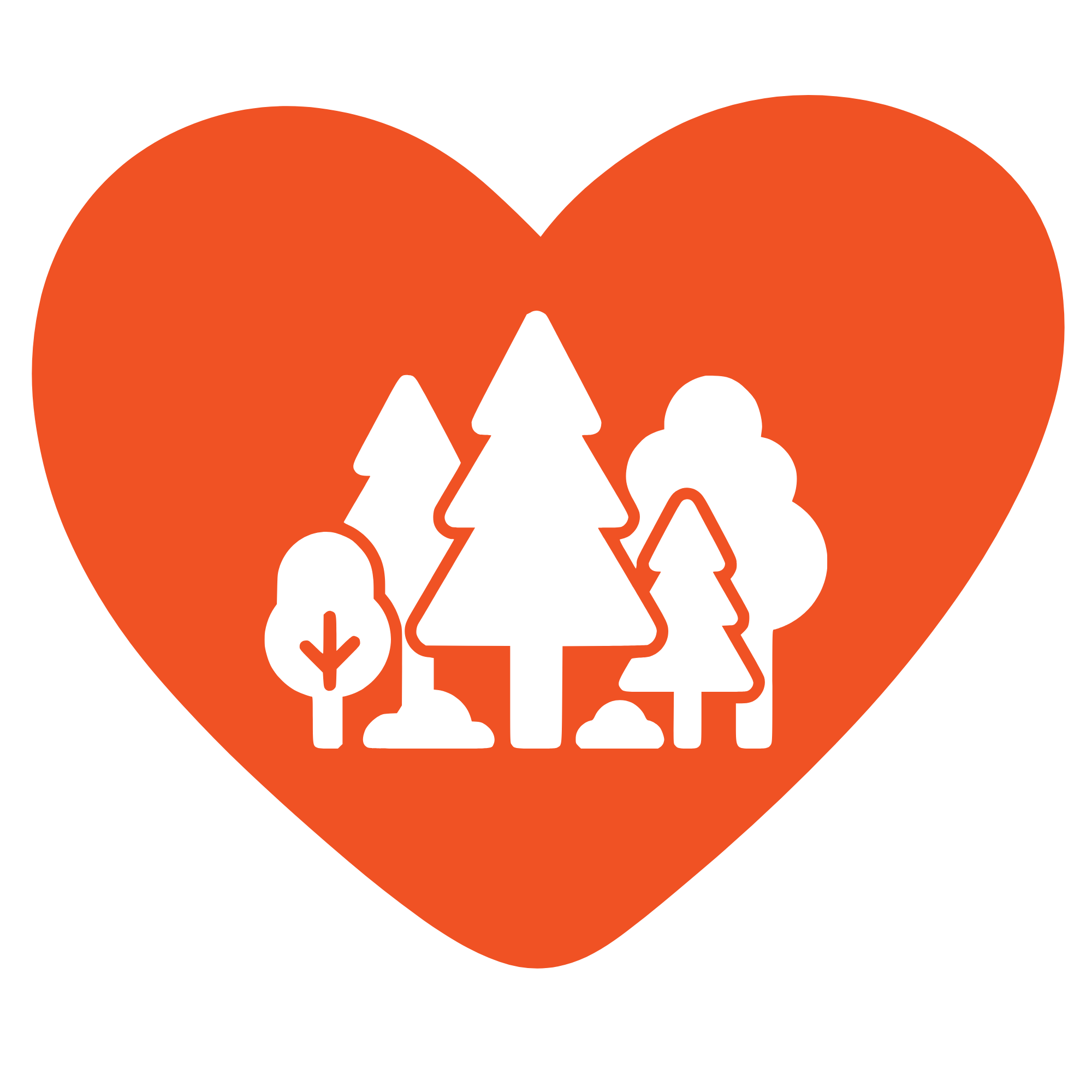 Overlay of a large orange heart shape with white outline trees and a mountain in the center.