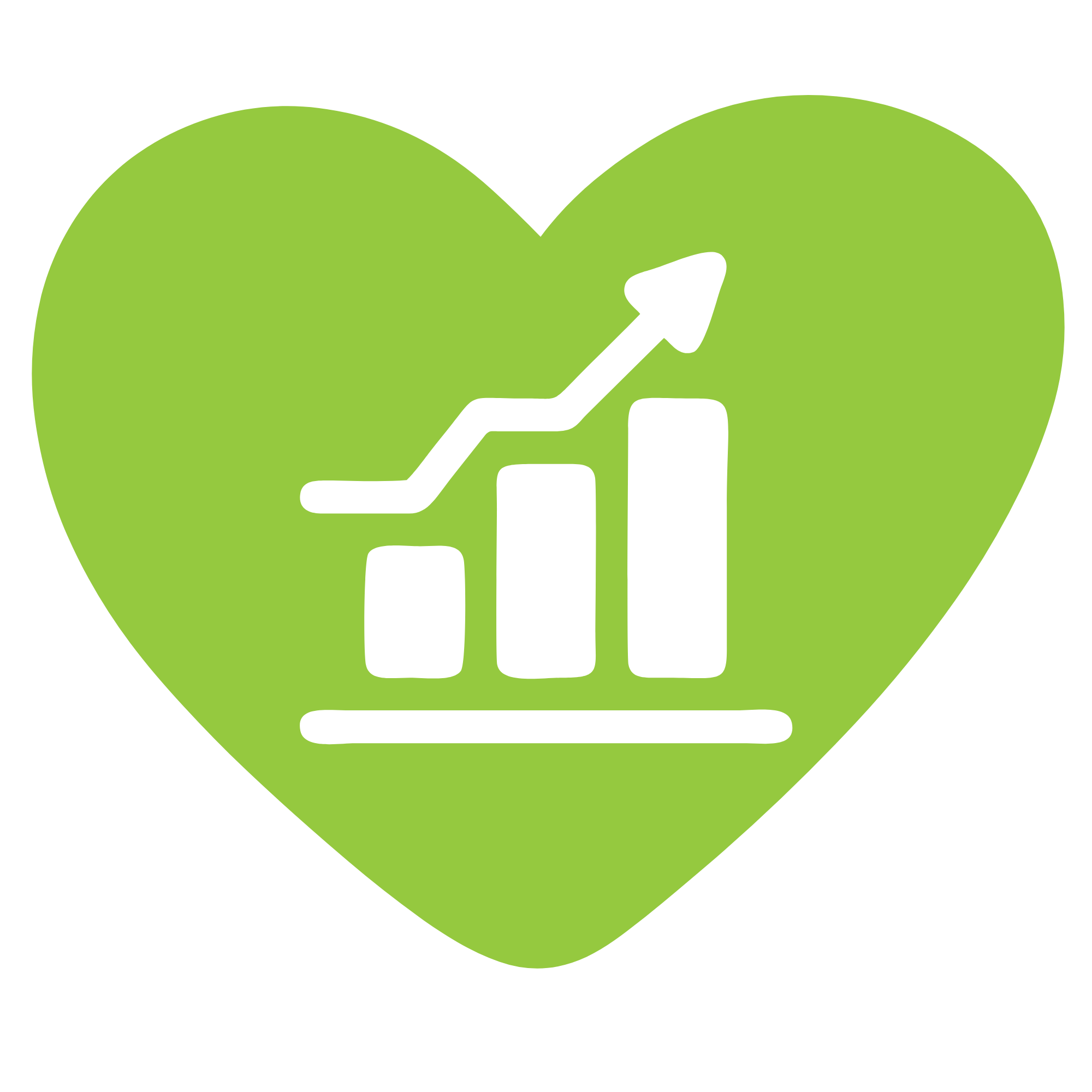 Green heart with white rising arrow and bar graph symbol inside, on a black background