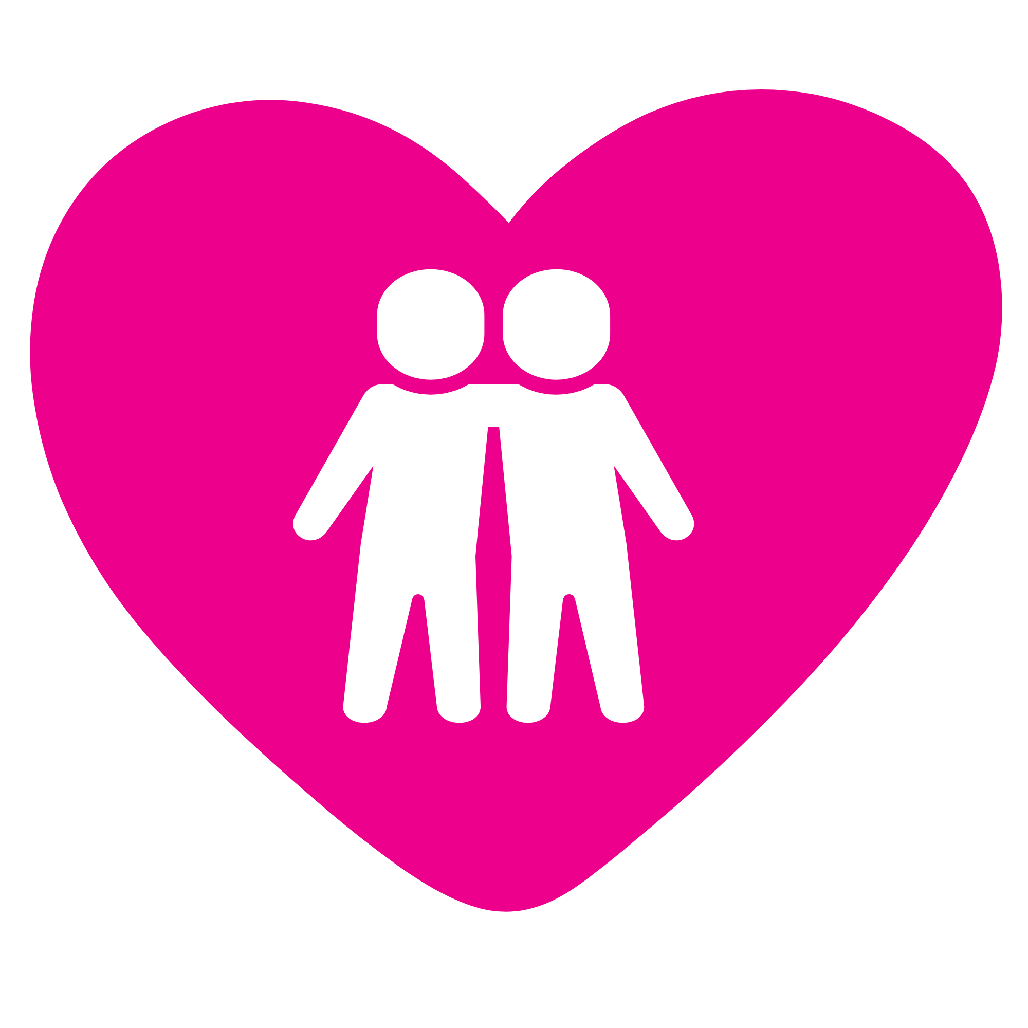 A pink heart shape with two white stylized human figures standing inside, facing forward.