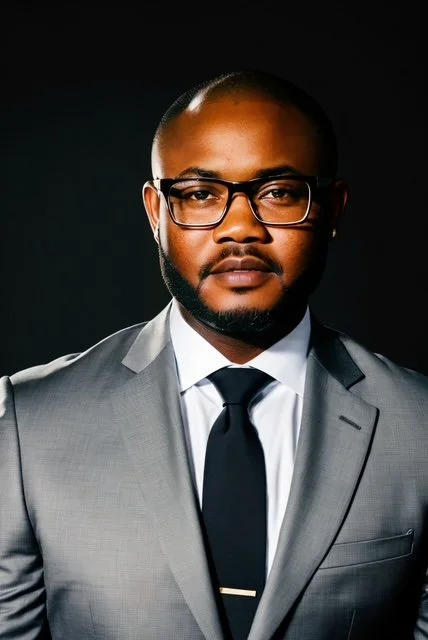 A man in a gray suit, white shirt, black tie, and glasses looking confidently at the camera against a dark background.