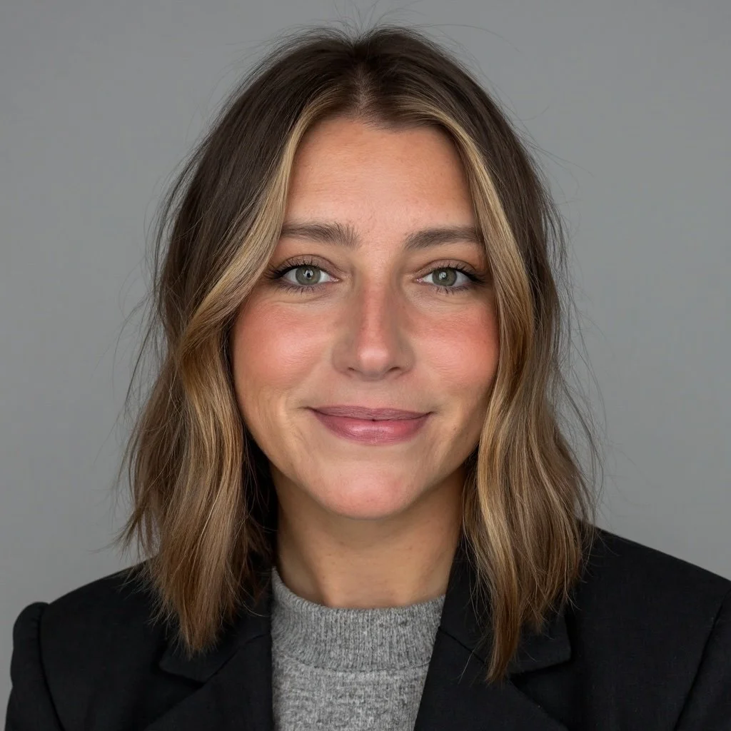 Headshot of a woman with shoulder-length wavy brown hair with blonde highlights, wearing a black blazer and a gray top, smiling slightly against a neutral gray background.