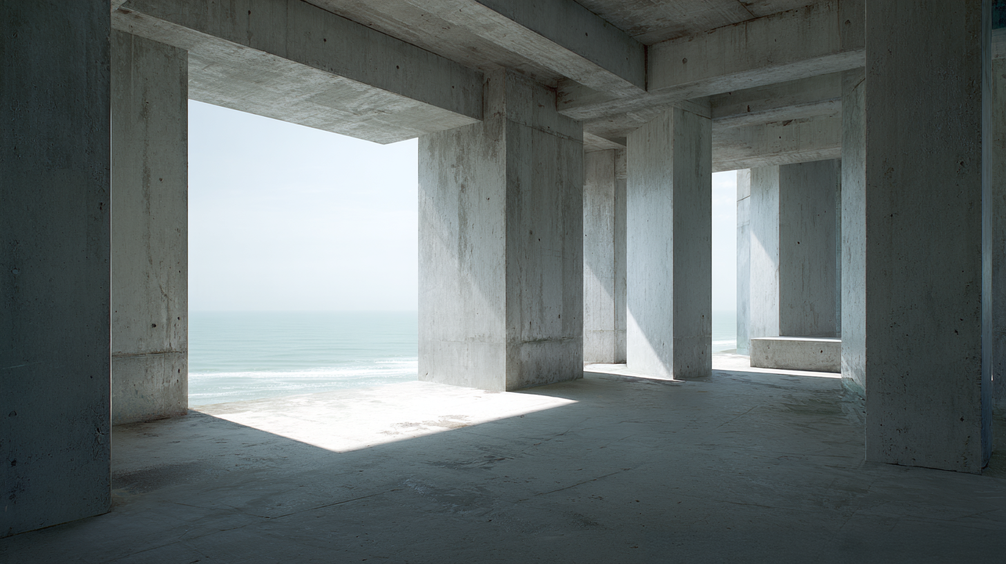 Concrete structure overlooking the ocean with large open rectangular windows and beams, bright sunlight casting shadows.