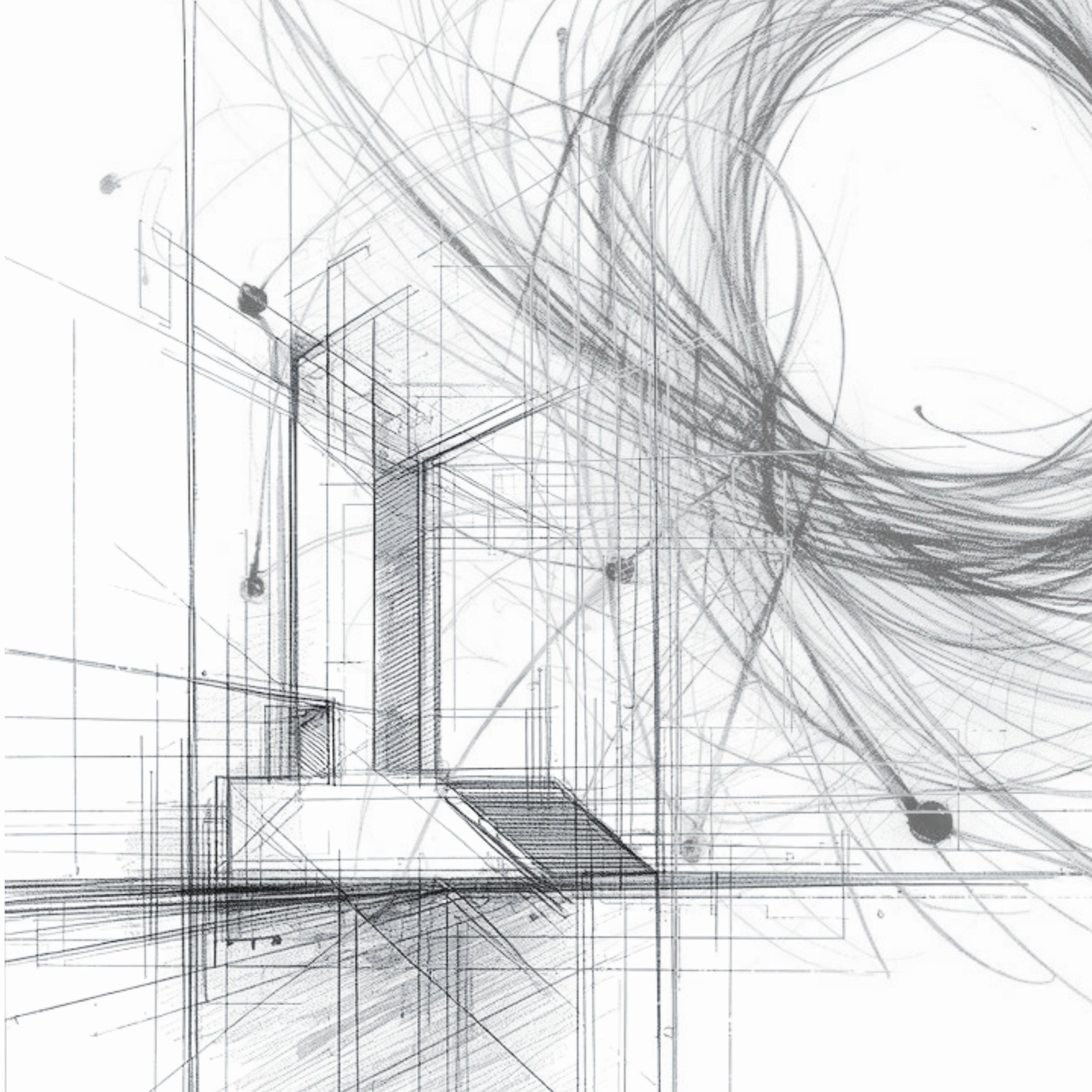 An abstract technical drawing of a building with lines, grids, and shading, featuring a large circular element on the right side.