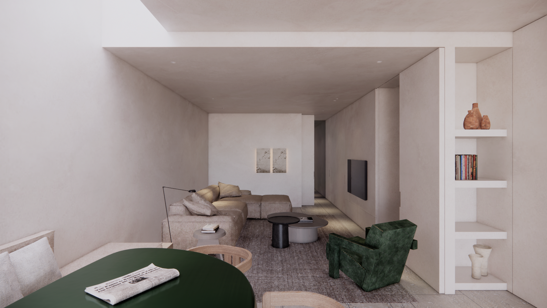 Bureau Destadsbader interior architecture urban house design, green forme libre table, lounge, sofa, tv room