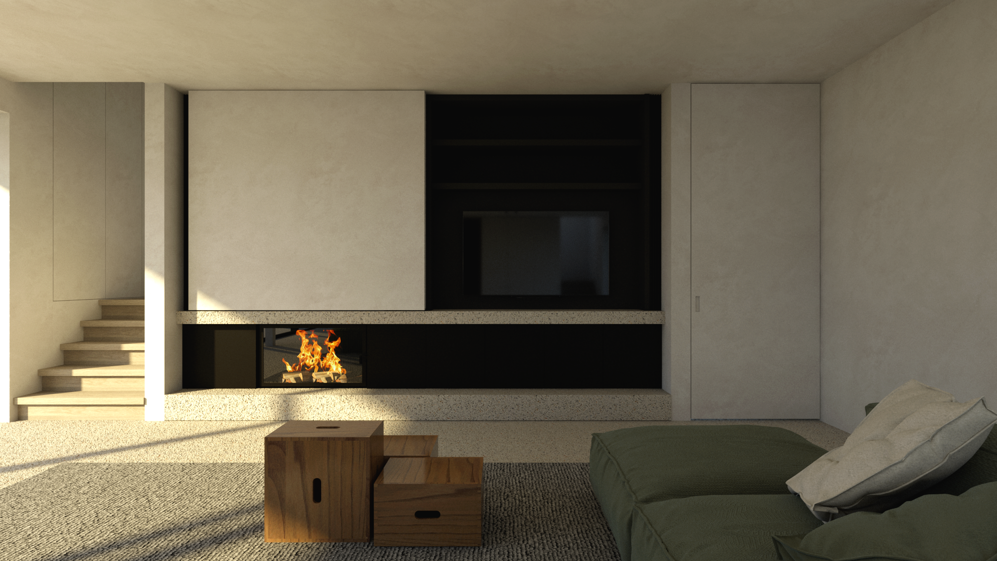 Bureau Destadsbader interior architecture high-end villa design, fireplace with hidden tv