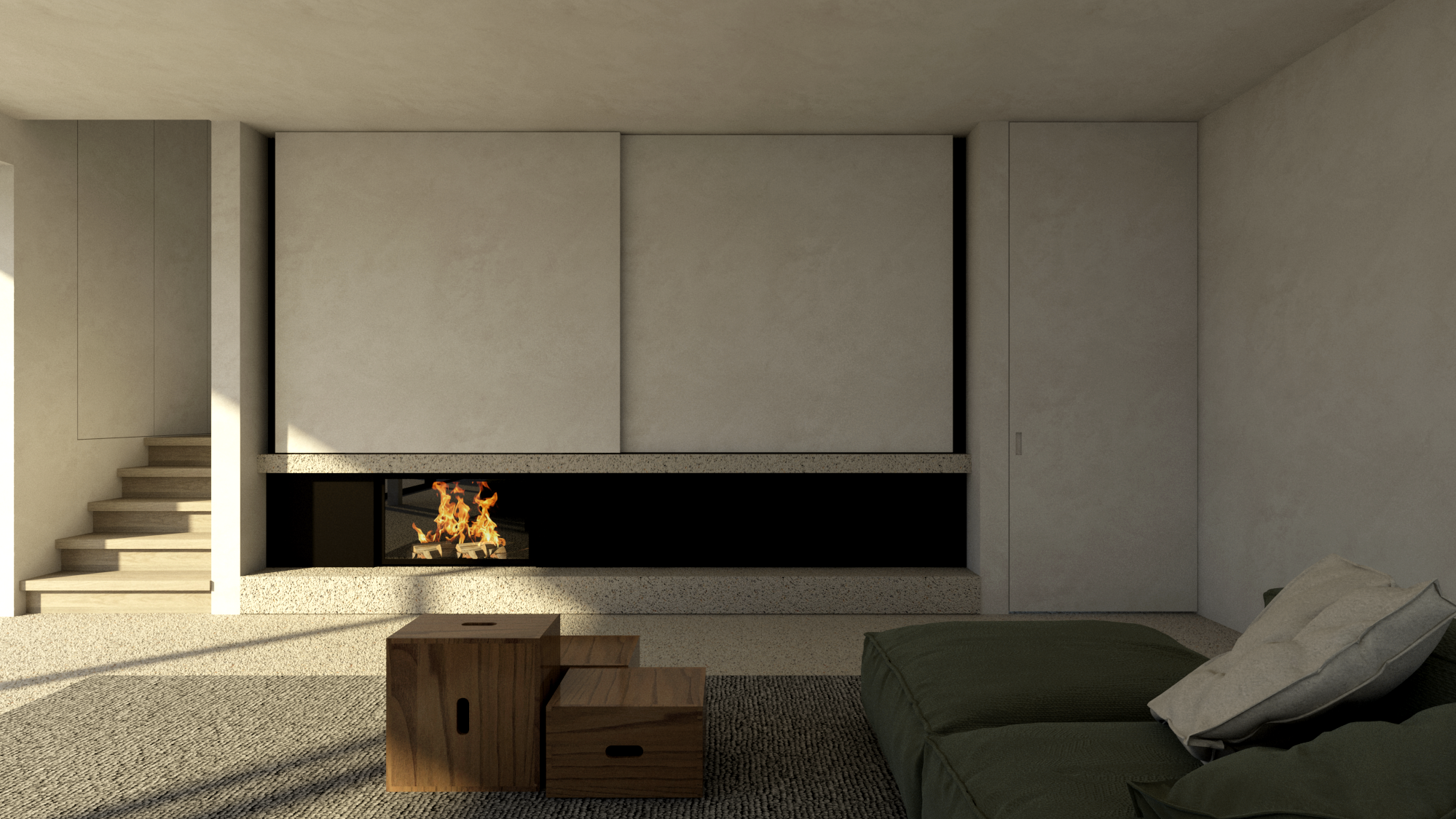 Bureau Destadsbader interior architecture high-end villa design, fireplace with hidden tv