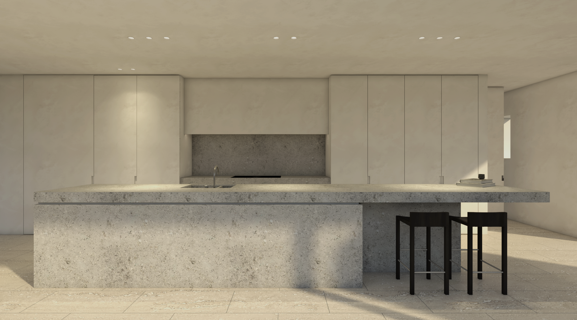 Bureau Destadsbader interior architecture high-end villa design, kitchen island, travertine, natural stone