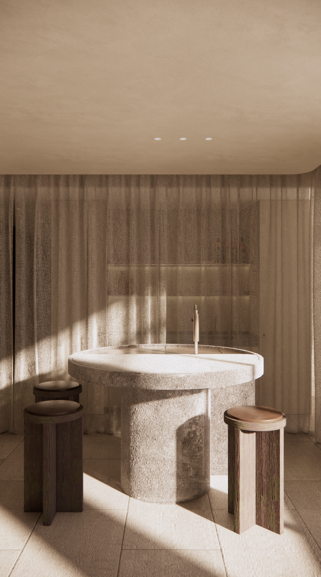 Bureau Destadsbader interior architecture high-end office design, travertine bar and meeting area