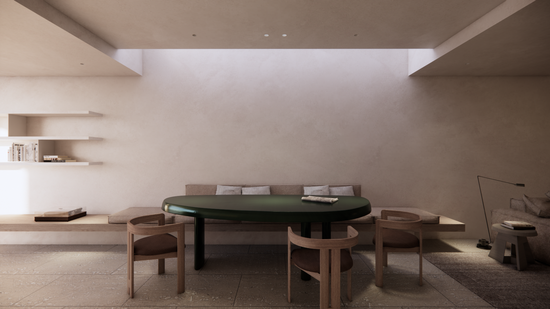 Bureau Destadsbader interior architecture urban house design, green forme libre table, architectural skylight