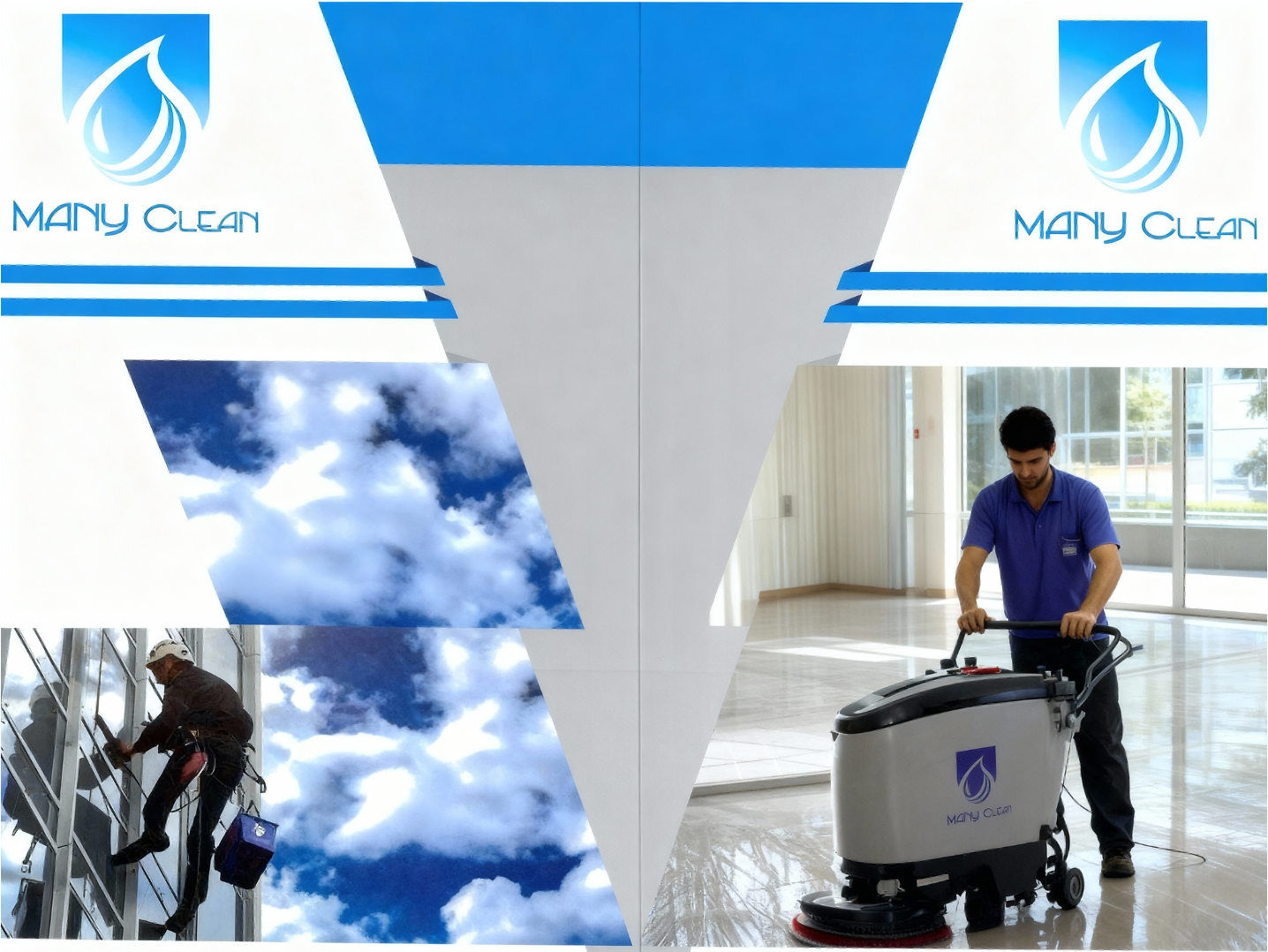 Une image composite de deux logos et deux photos d'une équipe de nettoyage. Le logo en haut à gauche et à droite montre une goutte d'eau bleue avec le texte "Many Clean". La photo en bas à gauche montre un nettoyeur de vitres en train de nettoyer un bâtiment. La photo en bas à droite montre un employé de nettoyage, en uniforme bleu, utilisant un appareil de nettoyage sur un sol brillant dans un espace intérieur lumineux.