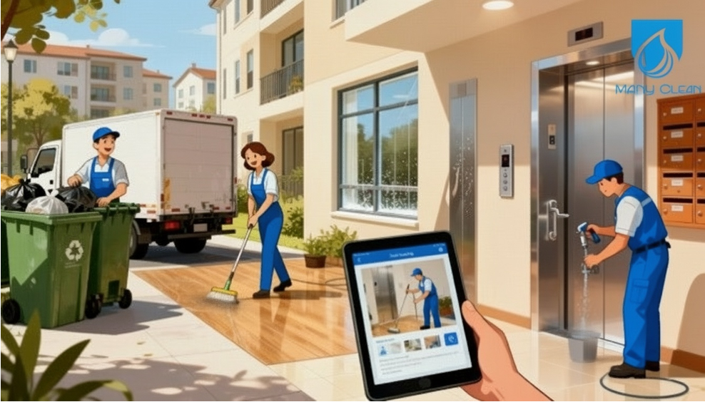 Une image illustrée montre une équipe de nettoyage en plein travail à l'entrée d'un immeuble résidentiel, avec une personne prenant une photo de l'équipe avec une tablette.