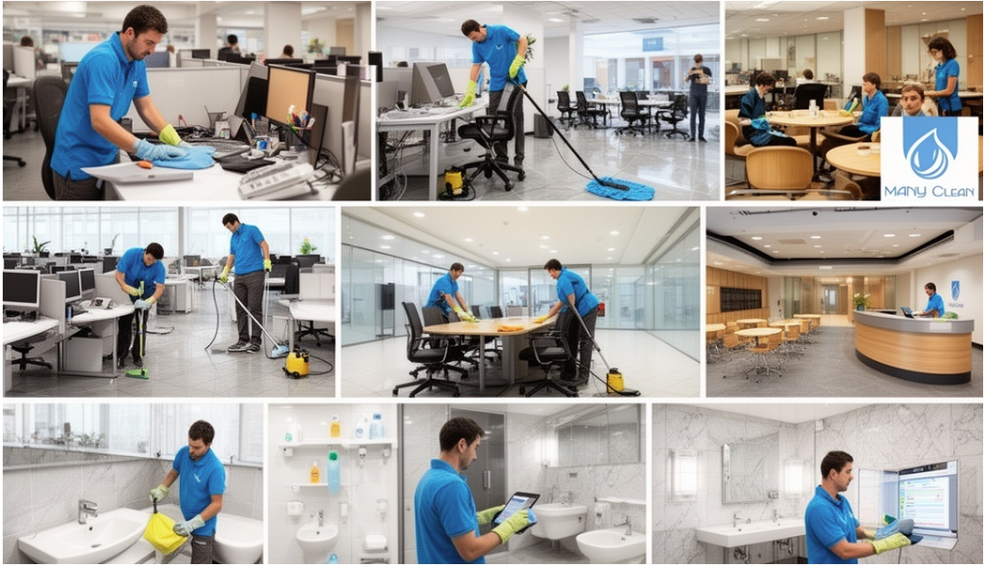 Une série d'images montrant un personnel de nettoyage en uniforme bleu, utilisant divers équipements pour nettoyer différents espaces de bureau, y compris des bureaux, des salles de réunion, une réception, des toilettes, et des zones communes.