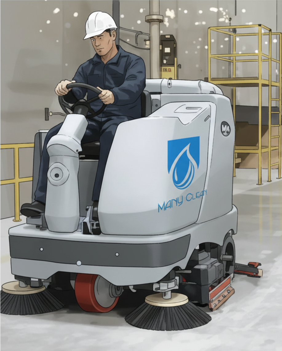 Un homme en uniforme et casque conduit un balayeuse de sol dans un environnement industriel.