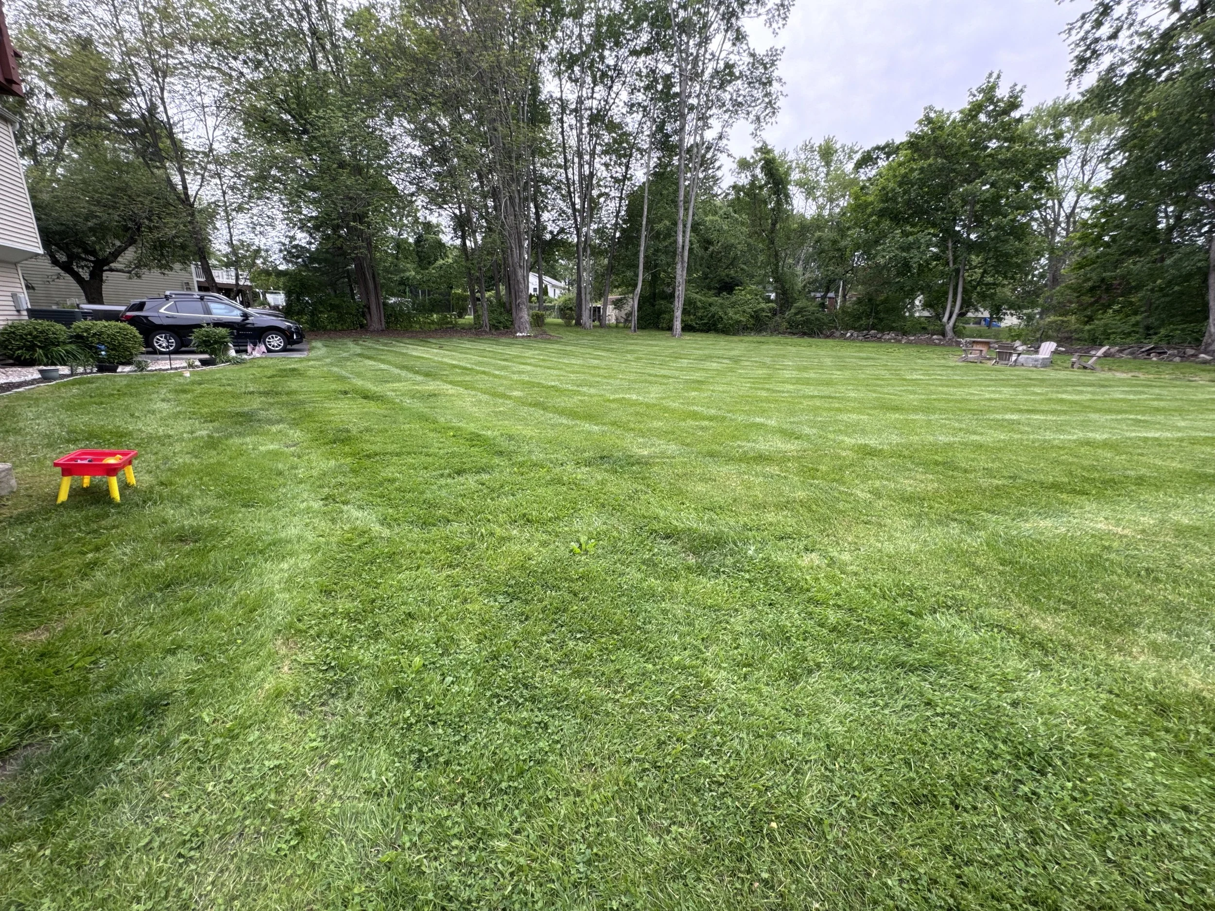 A large backyard with freshly mowed grass, surrounded by trees and houses in the background, and a red plastic children's table on the grass.