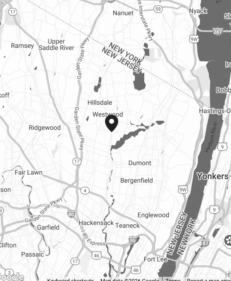 Map showing regions in New York and New Jersey, including Yonkers, Glenville, Hillsdale, Westwood, Dumont, Bergenfield, Englewood, Hackensack, Teaneck, Fort Lee, and major highways like Garden State Parkway and I-95.