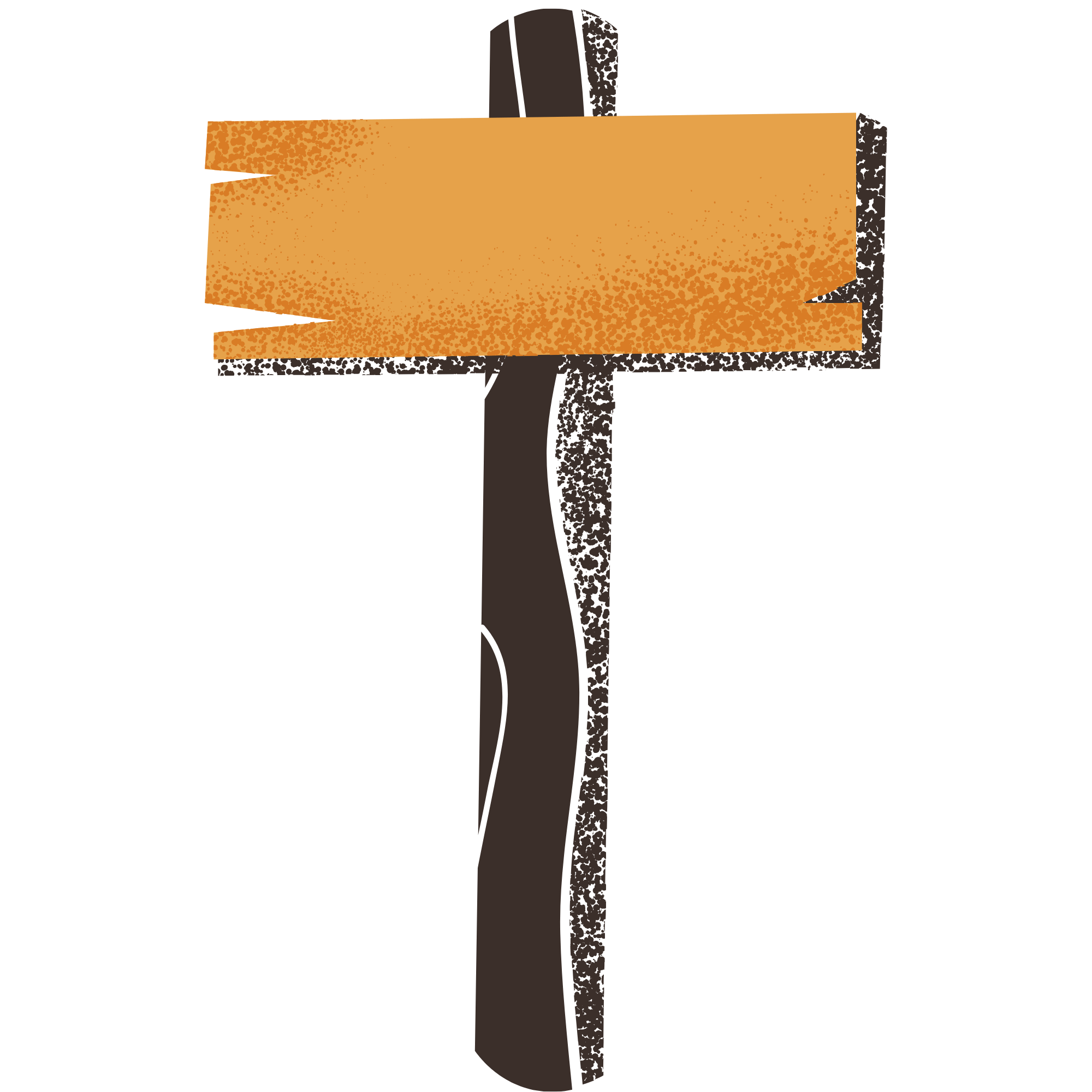 A cartoon illustration of a wooden signpost with a blank rectangular sign attached to a dark brown pole.