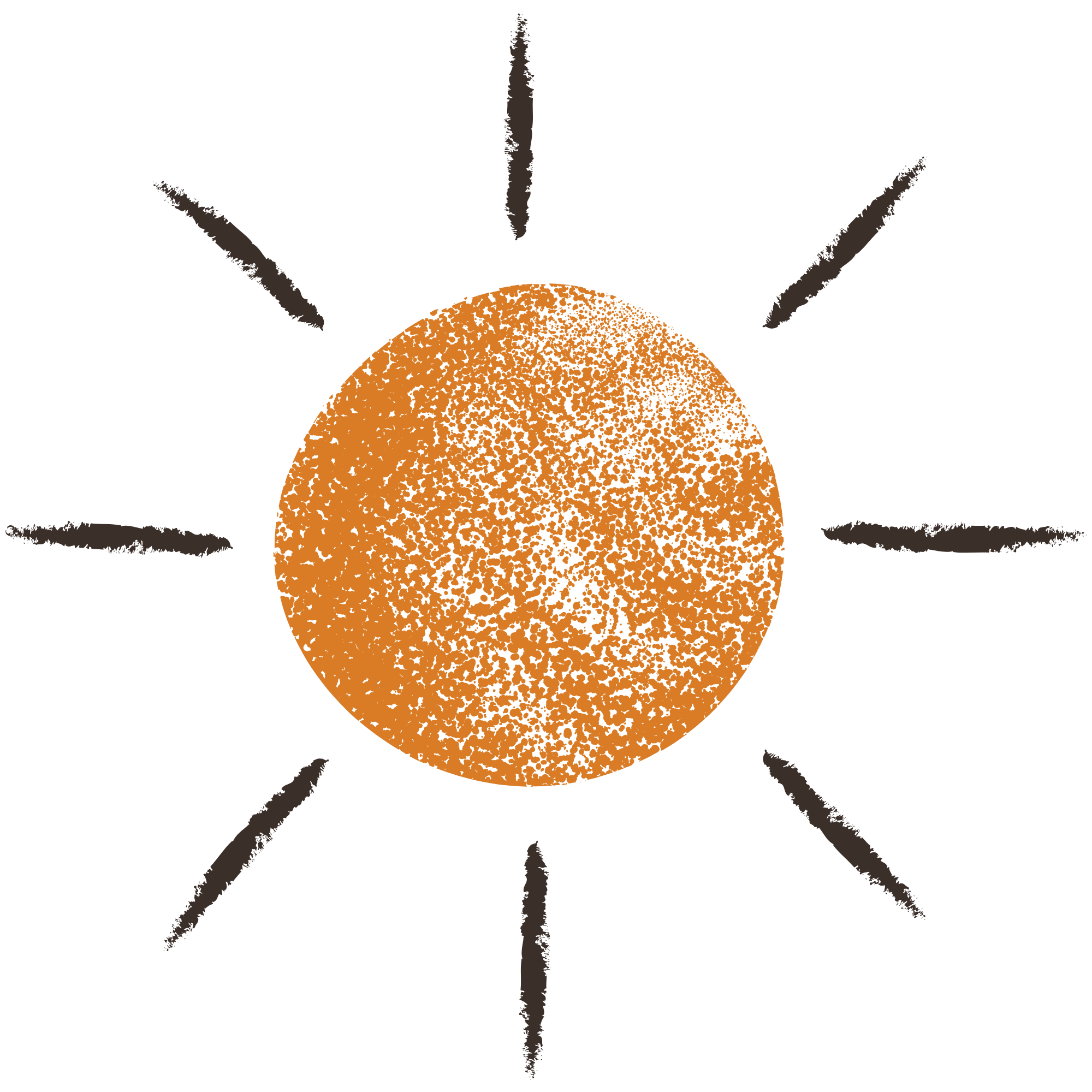Simplified illustration of the sun with an orange circle and black speckles, surrounded by black rays on a black background.