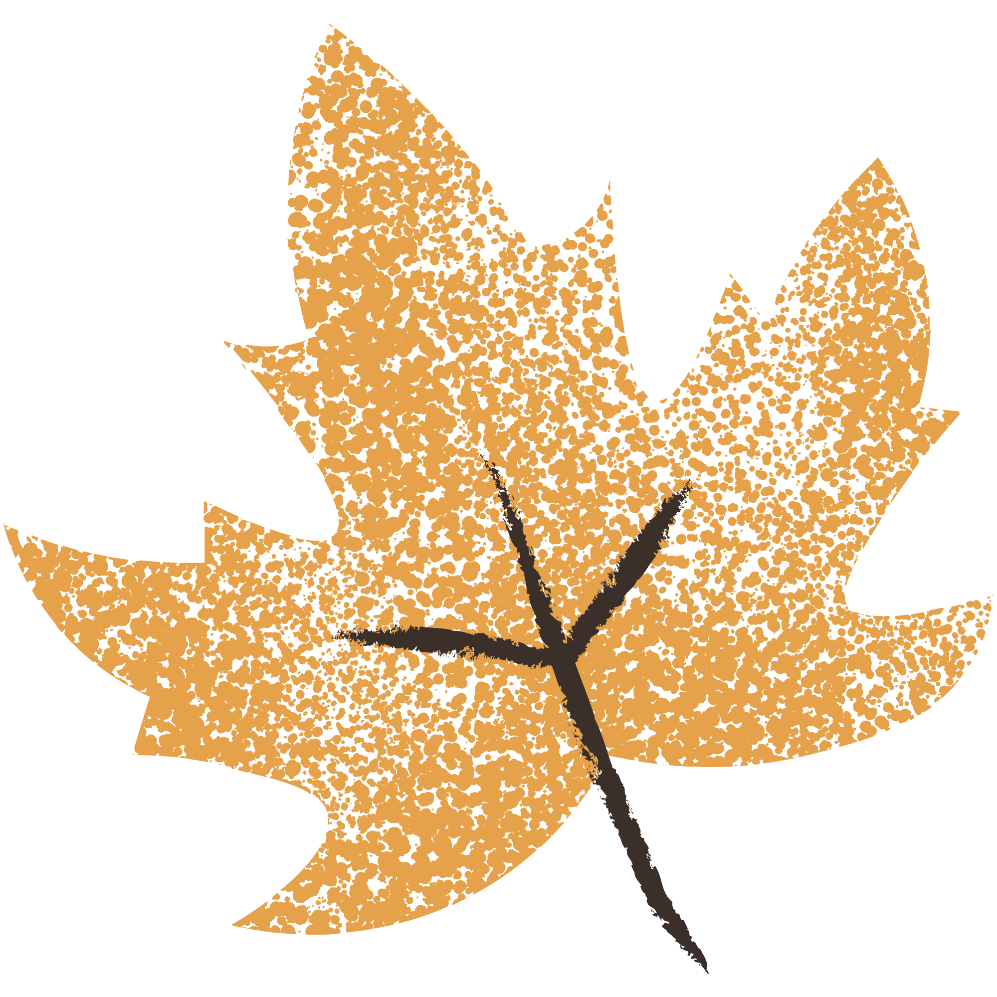 A stylized illustration of a yellow and orange maple leaf with a dark stem on a black background.