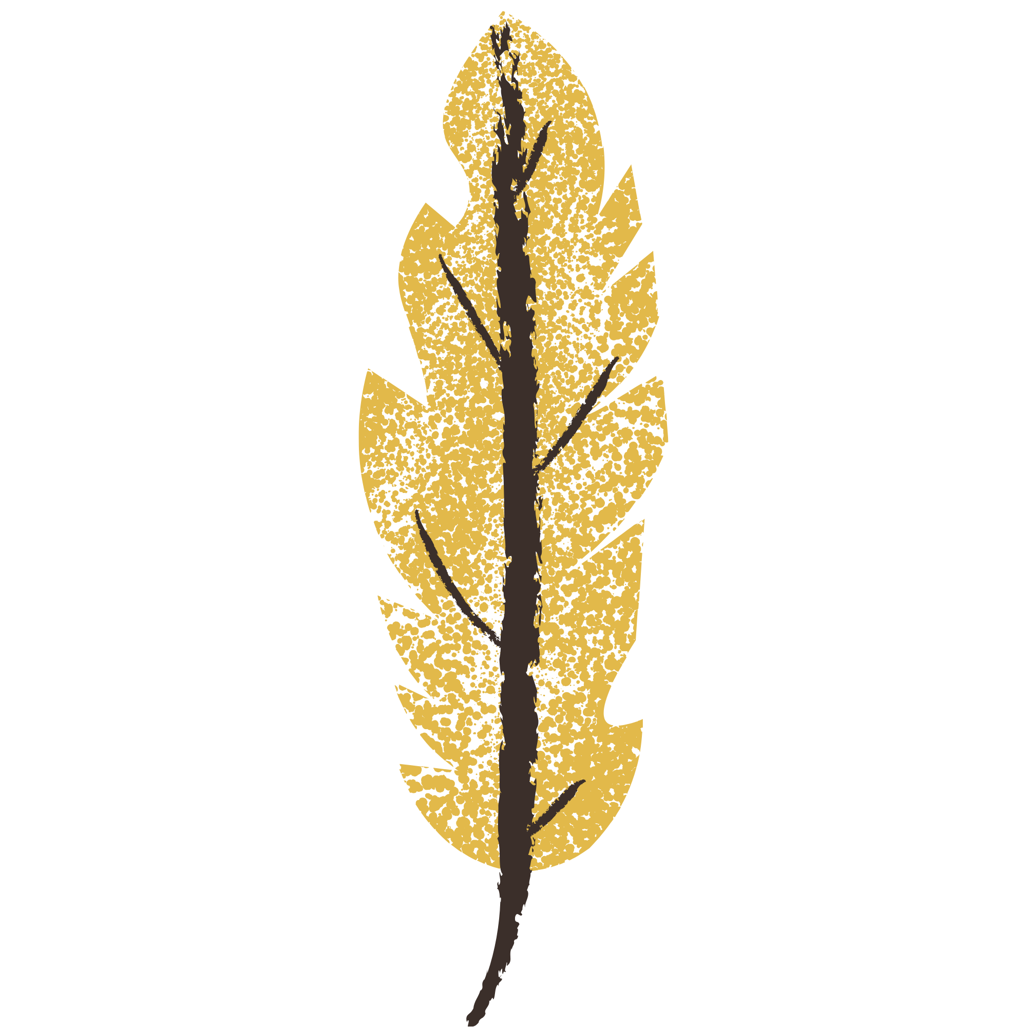 A stylized illustration of a feather with gold-colored barbs and a dark brown shaft.
