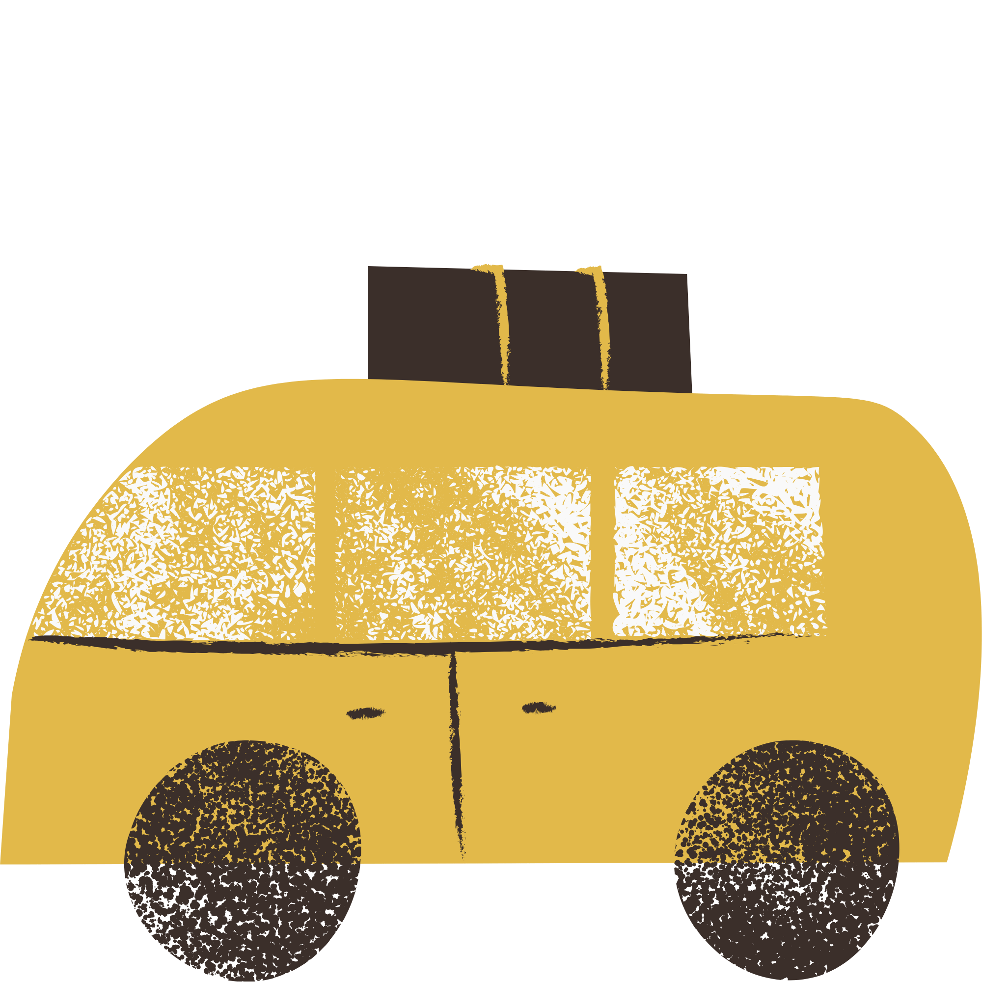Stylized illustration of a yellow taxi with a black roof and two black luggage pieces on top, set against a black background.