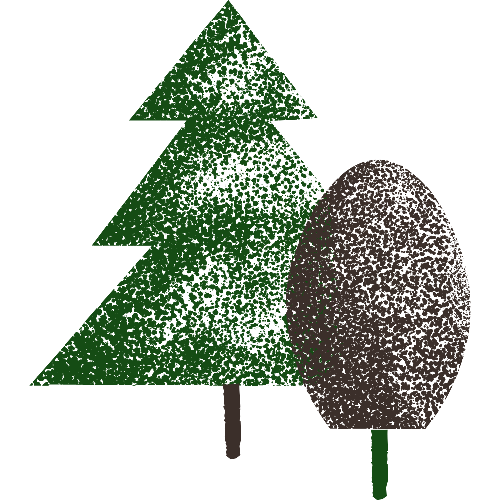 Stylized drawing of two evergreen trees, one large and one small, on a black background.